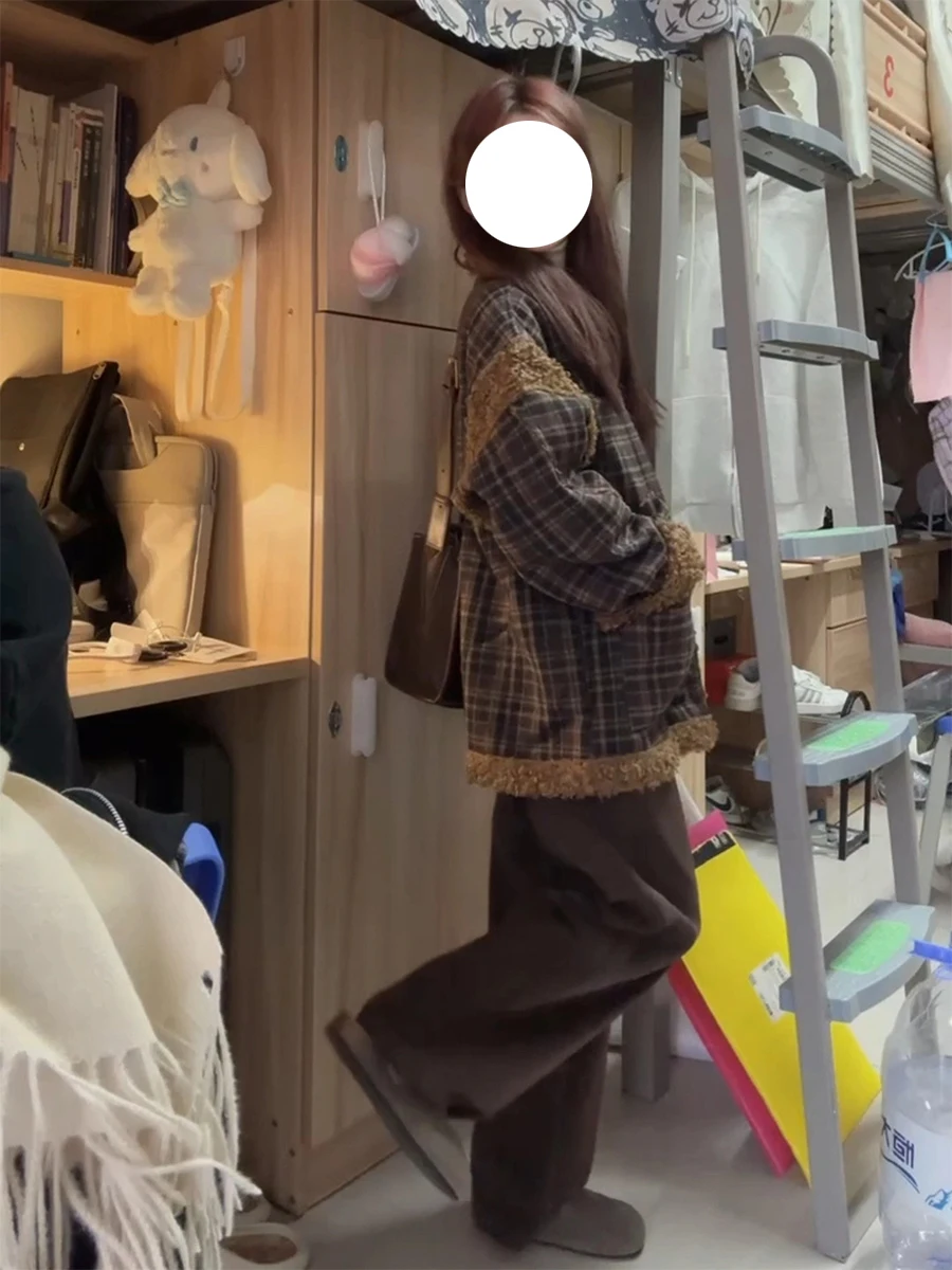 

Ретро-куртка из овечьей шерсти в клетку для женщин, осенне-зимняя, новая, свободного кроя, универсальная, теплая, хлопковая, с воротником, на одной пуговице