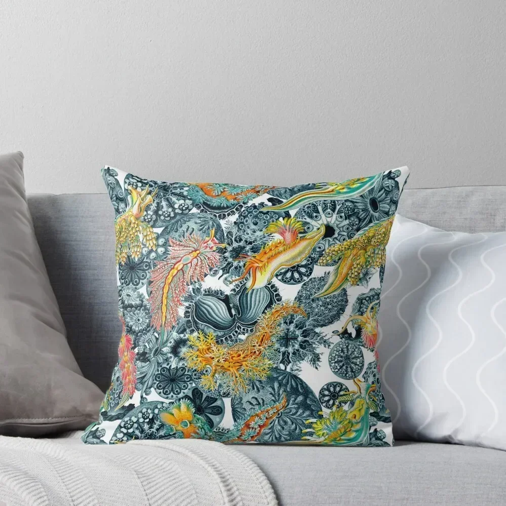 Ernst Haeckel Nudibranch Sea Slugs over Cerulean Sea Squirts Throw Pillow Marble Cushion Cover covers for pillows pillow