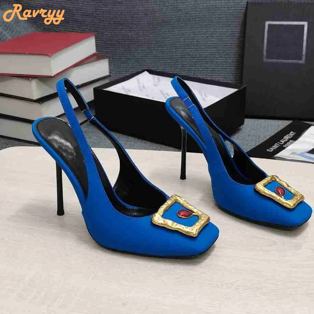 Metalowa kwadratowa klamra rubinowe sandały Slingback szpilki kryształowe błyszczące sandały czarne/niebieskie/czerwone Slip On Women Shoes Luxury