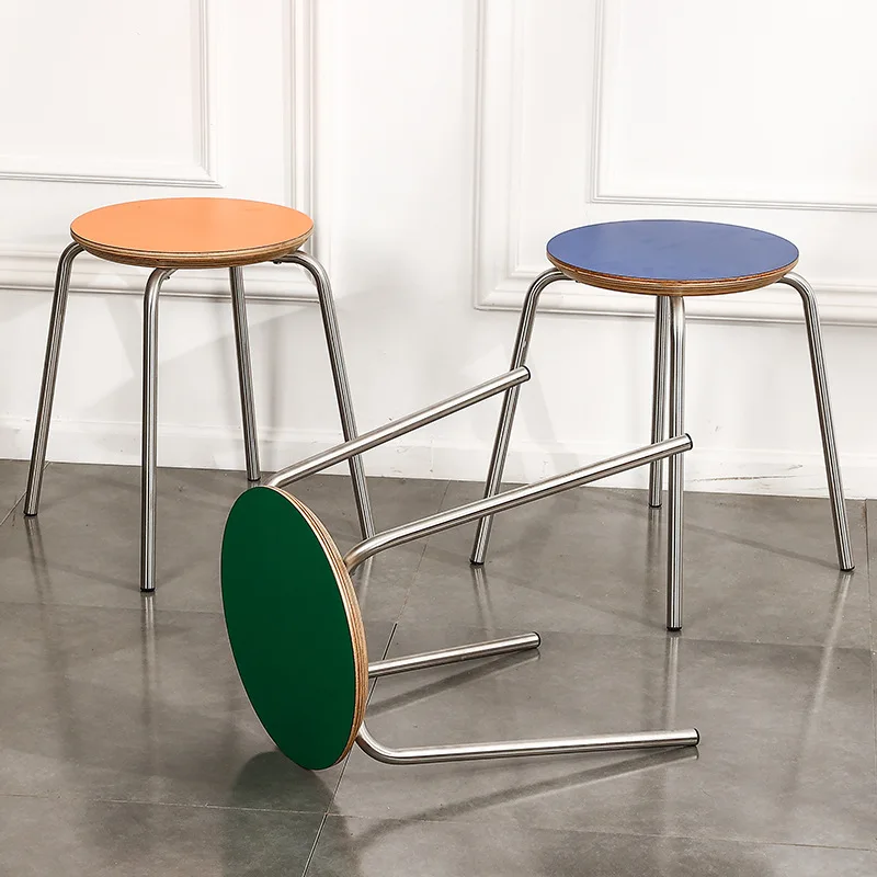 Solid wood stacked stool dining table round stoolstainless steel simple living room small stoolshoe changing stoolold elm sty
