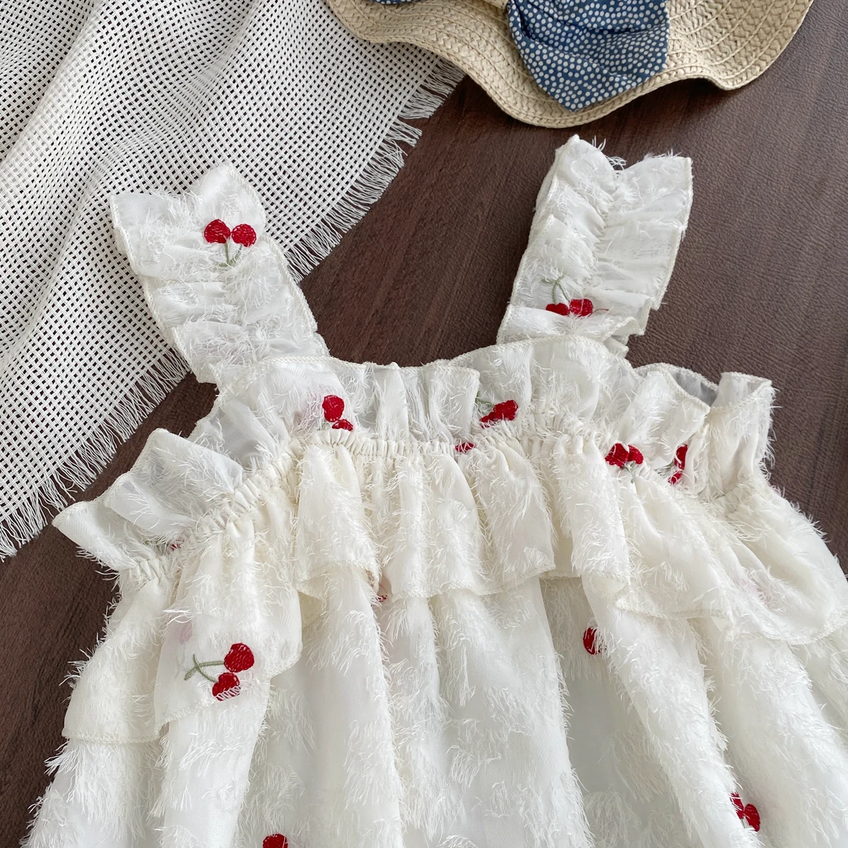 Kids Dresses for Girls Summer Casual Cherry Embroidered Mushroom Edge Strap Princess Dress Children's Clothes