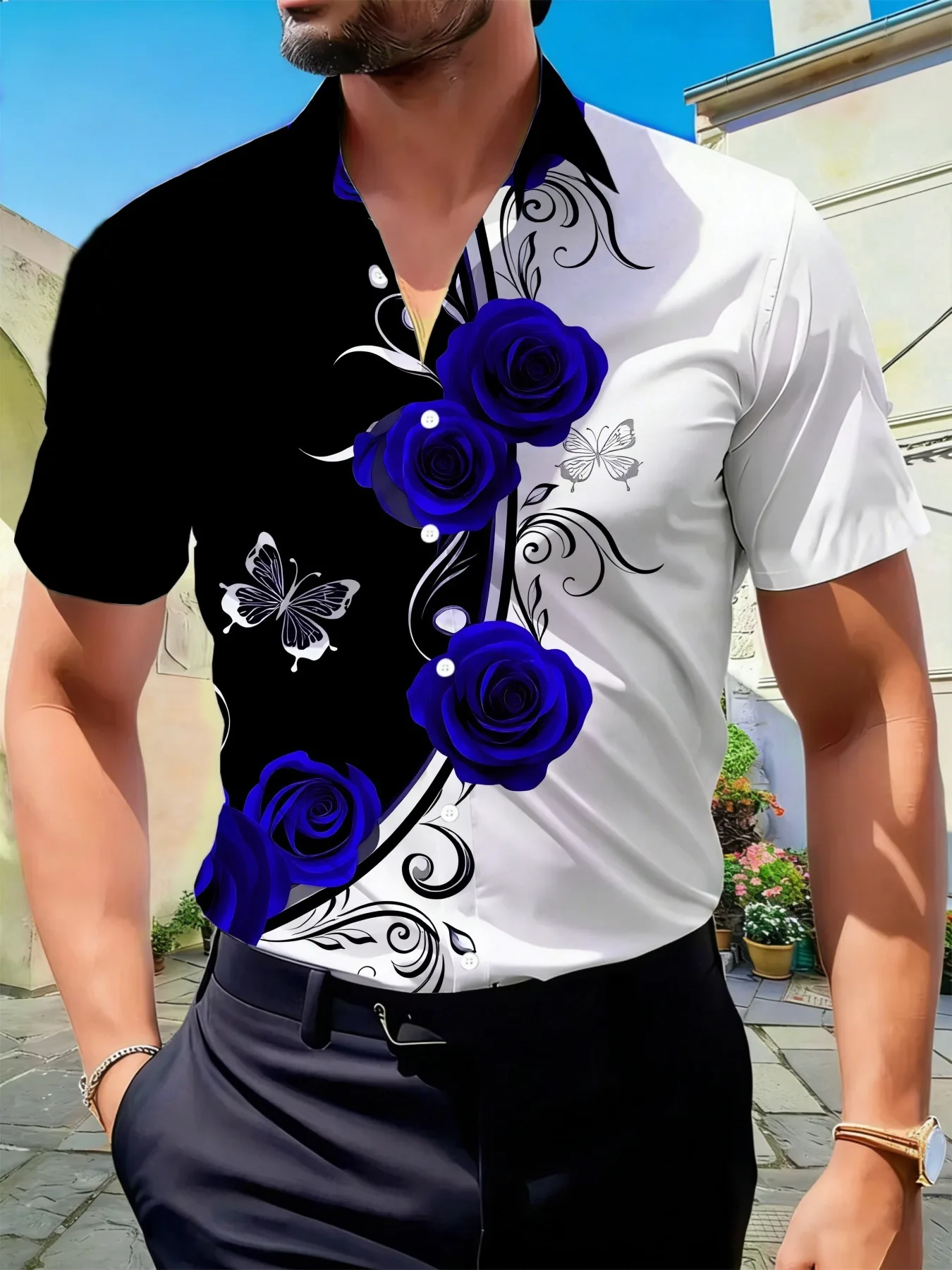 Men's Shirt Black White Color Block Blue Rose Butterfly Print Short Sleeve Lapel Loose Summer Street Casual Daily Mens Clothing