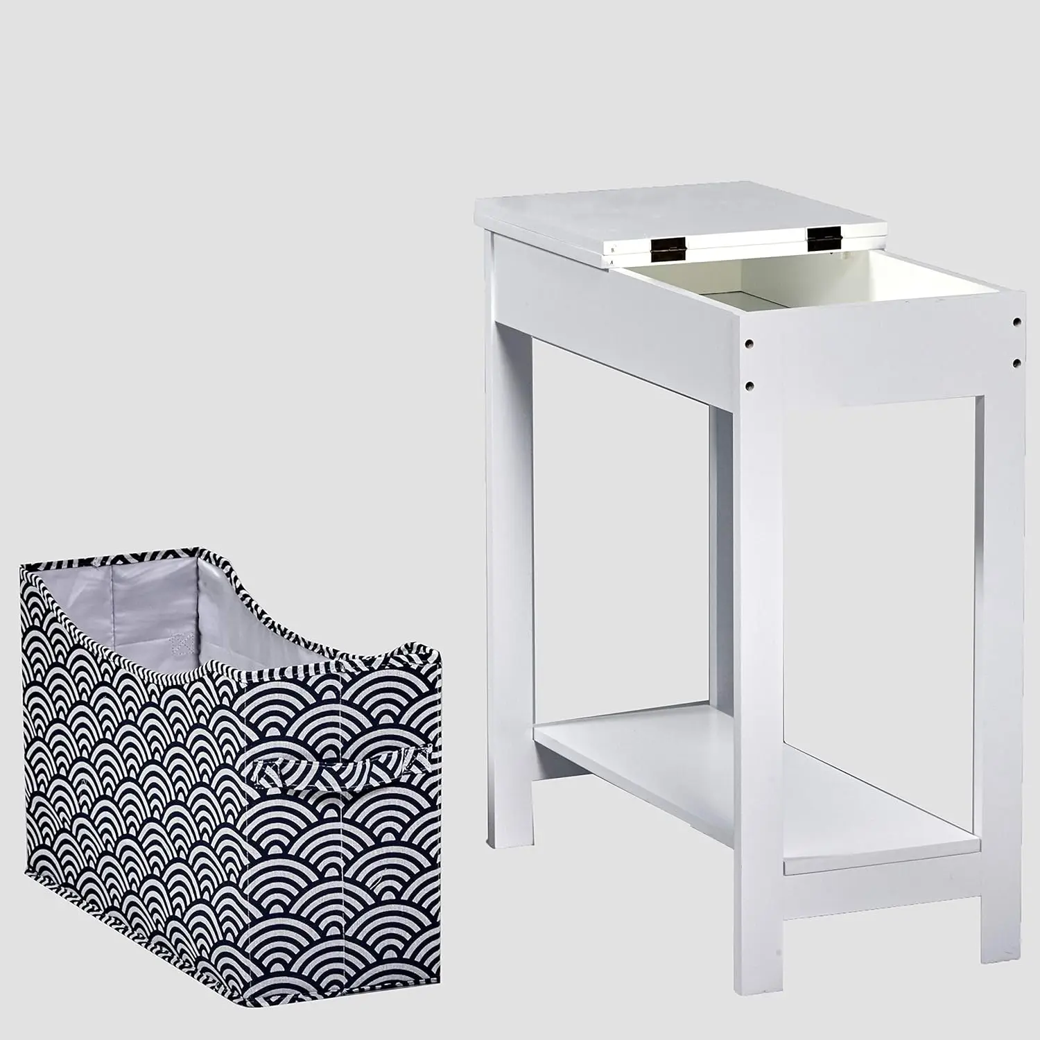 

Side Table With Fashion Print Storage Bin - White With Dark Blue Fabric Basket