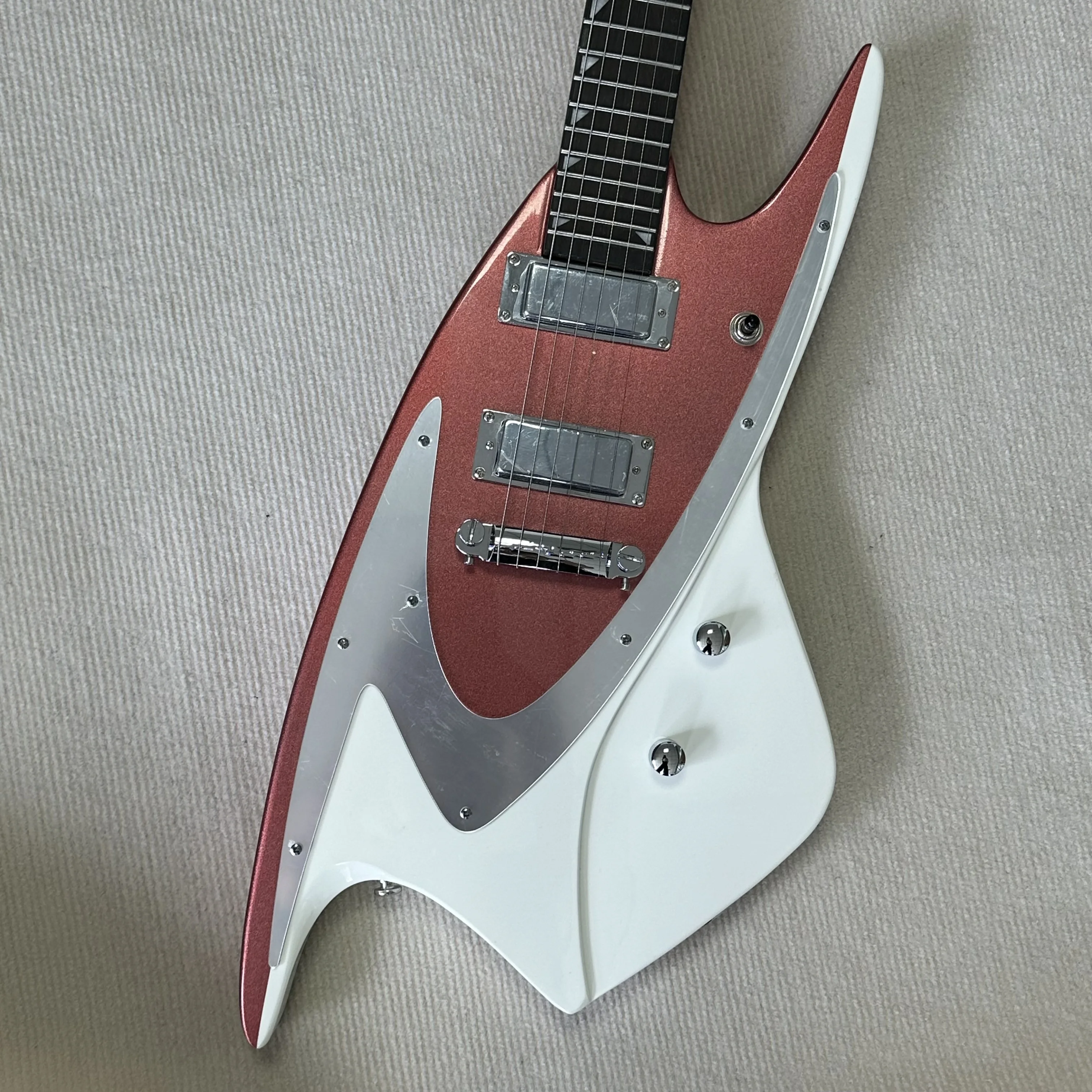 US Warehouse Shark V Style Electric Guitar Metallic Burgundy & White 24 Fret 6 String Rosewood Fingerboard Solid Body Dual Humbucker Fixed Bridge Block Inlay Space Rock Custom Shape Guitar