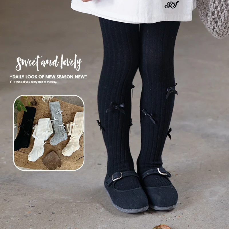Pretty Cute Girls Anti Pilling Pantyhose Elegant Design With Several Delicate Ribbon Bow Ornaments Gentle Airy Elastic Leggings