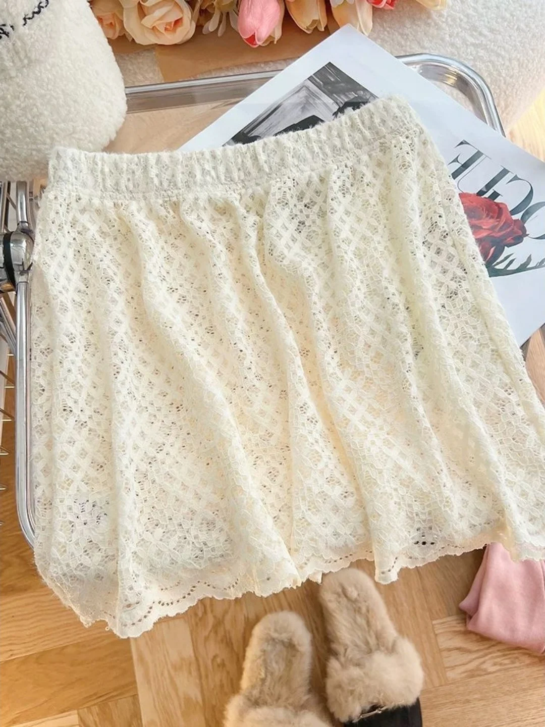plus Size Lace Splice A-Line  Skirt Women's High Waist Slimming Base Layer Short Skirt Casual Anti-Static Hollow out