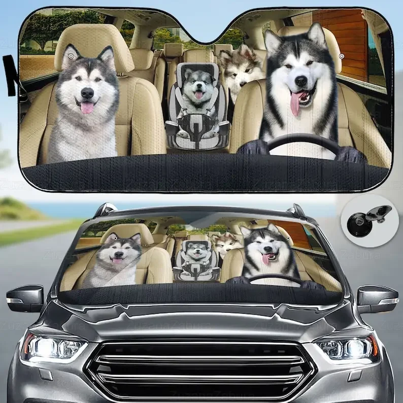 Husky Familien auto Sonnenschutz, Tier Auto Dekoration, Hund Auto Sonnenschutz, Auto Windschutz scheibe, Huskys Liebhaber Geschenk, Windschutz scheibe Abdeckung