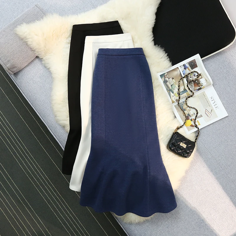 

Осень-зима, шерстяные женские юбки «рыбий хвост», высокая талия, молния сзади, элегантные длинные юбки-русалка с запахом, женские