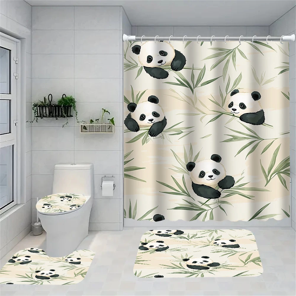 4-piece set of cute panda cat plant pattern bathroom curtains, including shower curtains, bath mats, and U-shaped floor mats