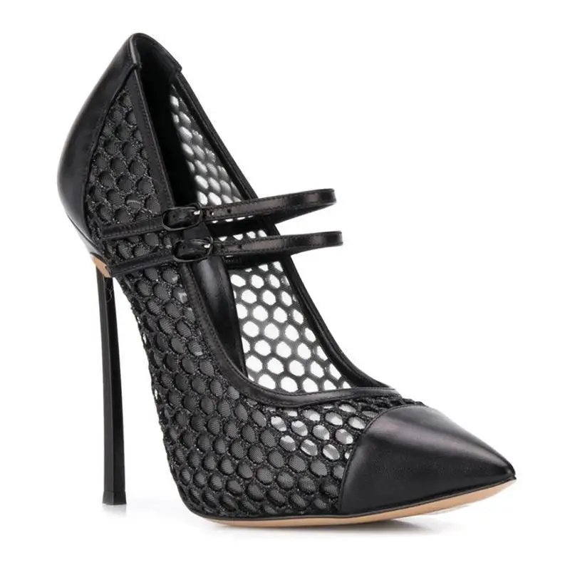 

Sexy Mesh Patchwork Pointed Toe Blade Heel Pumps Double Strap Buckle Metal High Heels Zapatos Mujer Summer Woman Banquet Shoes