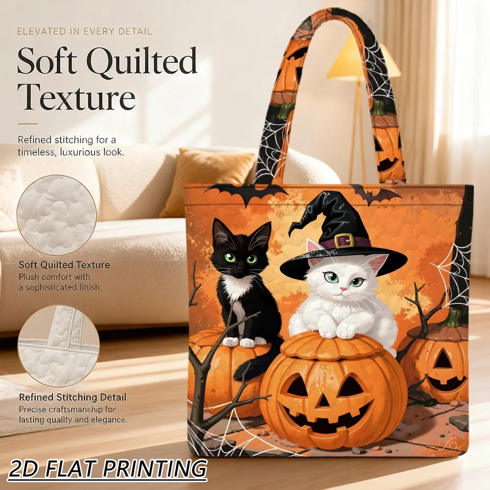 1pc Cats on pumpkins Quilted Women'S Shoulder Bag, Fine Craft For Grocery And Halloween Holiday Gifts, Daily