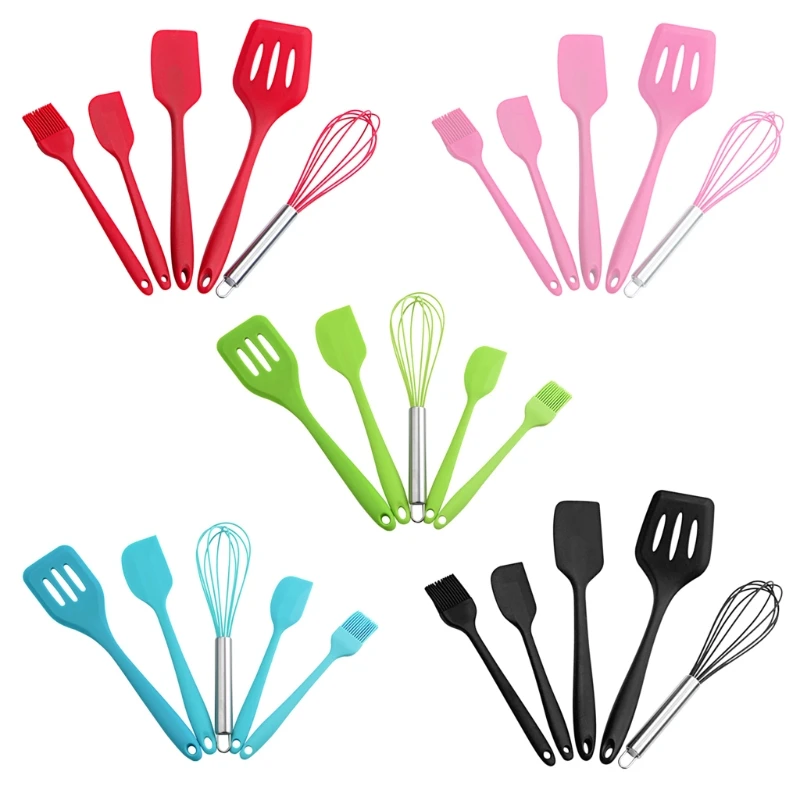 

Silicone Cooking Utensil Set 5 PCS Non-stick Heat Resistance Kitchen Utensil Tools with Spatulas Egg Whisk and Brush Set