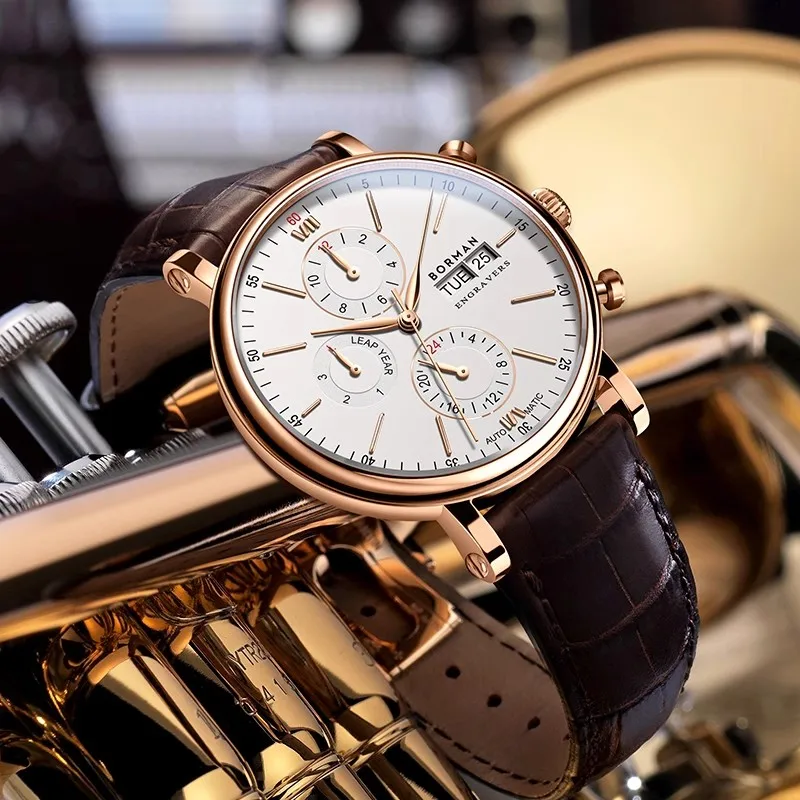 BORMAN, relojes mecánicos automáticos de lujo para hombres, calendario de movimiento de gaviota, reloj multifunción con cristal de zafiro, reloj resistente al agua