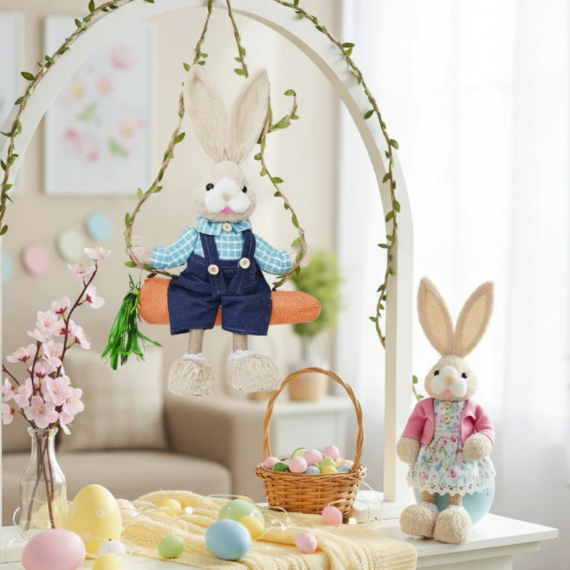 Handgefertigte Geflochtene Hasenfigur auf Schaukel aus Naturgras Einzigartiges Wohndekor Geschenk für Ostern und Naturinspirierte Räume