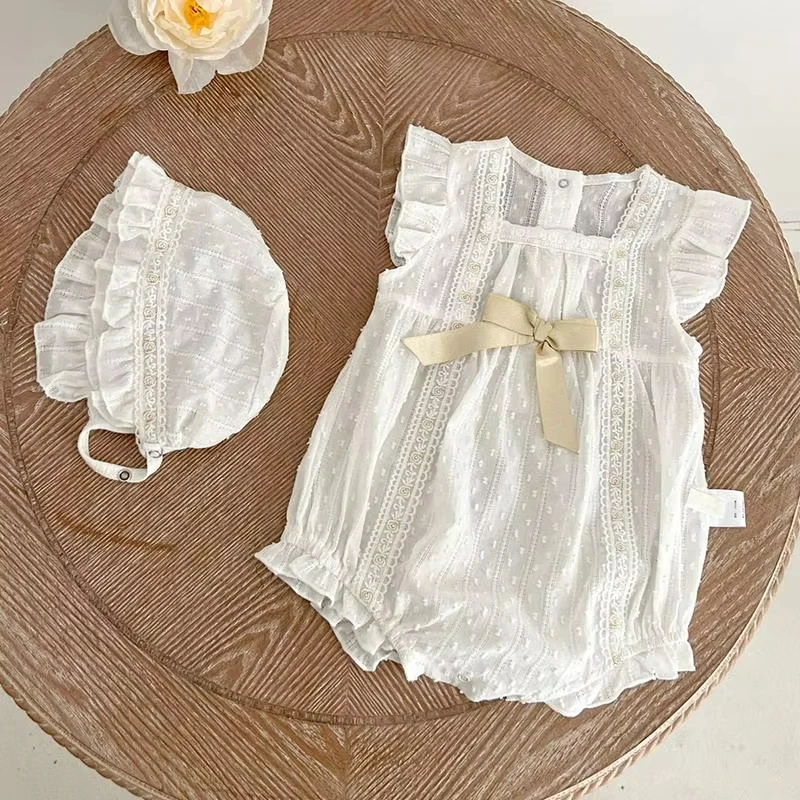 Baby Summer Clothes White Lace Girls Romper with Hat 2Pcs Newborn Ruffle Sleeves Jumpsuit for Kids Korean Princess Onesies 0-24M
