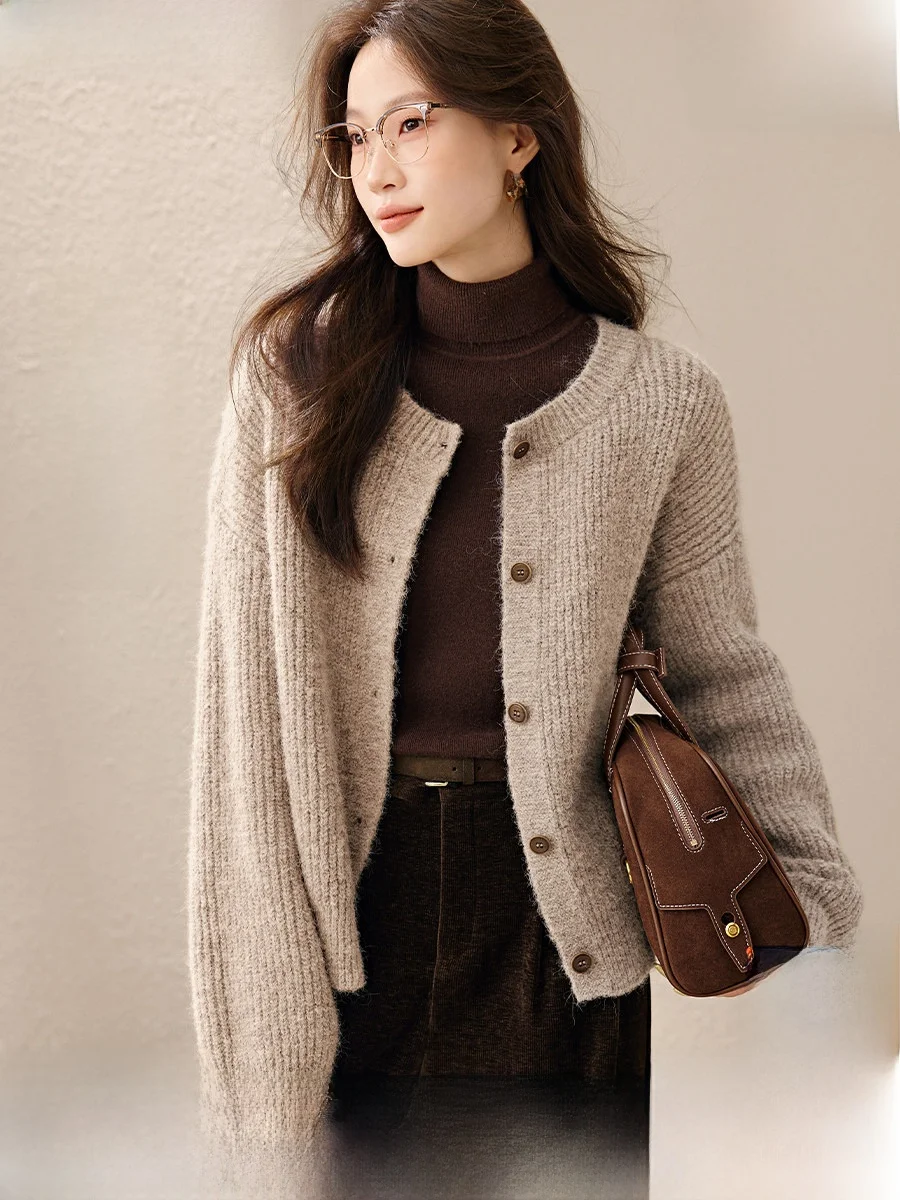 

Mehaimei Lazy Knitwear Outerwear 2025 Autumn New Mixed Color Fuzzy Thi Needle Knitted Cardigan Loose Fit round Ne Long Sl...