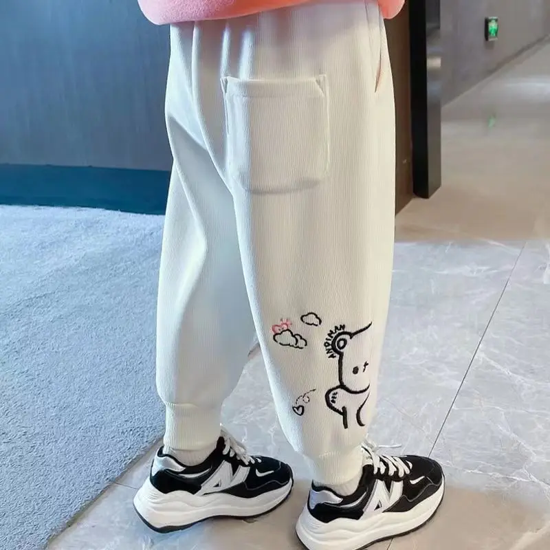 Girs Autumn Winter Trousers New Plus Velvet Printed Cartoon Pants Korean Casual Child Kids Composite Integrated Pile Sweatpants
