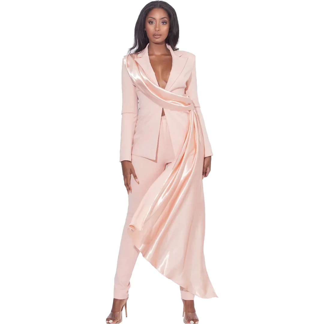 Autumn Fashion Office LadiesTwo Piece Set Solid V-neck Ribbon Slim Suit Coat Pants Two Piece Set Women