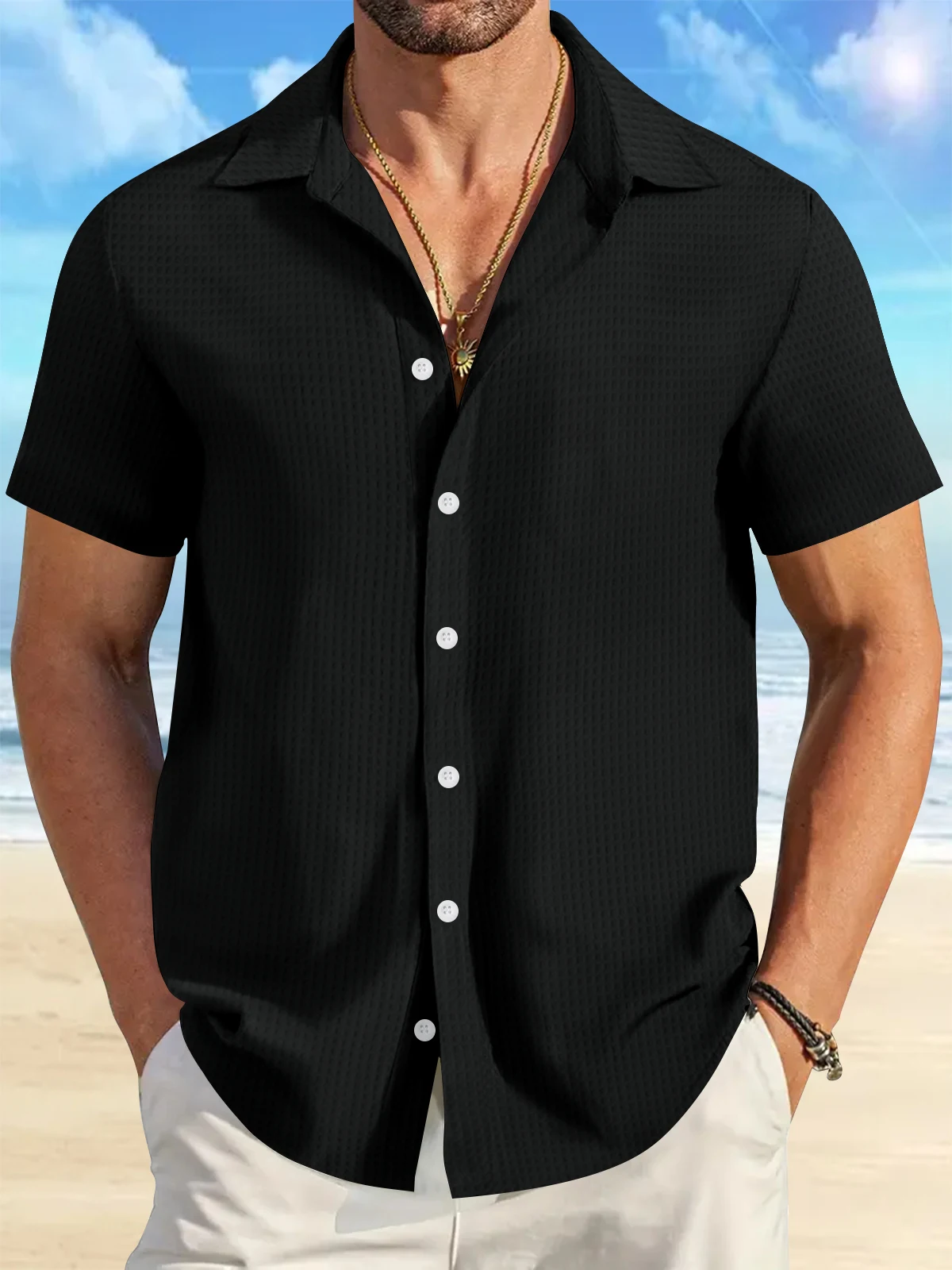 2024 New men\'s solid color casual commuting short sleeved shirt Men\'s beach jacquard plaid short-sleeved shirt