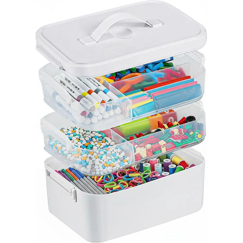 

3-Layer Plastic Craft Organizers and Storage Box with Removable Trays, Storage Containers with lids and Handle, Art Supply Stora