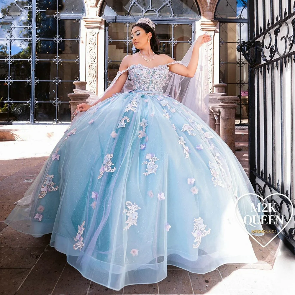 

Customized Blue 3D Flowers Bow Ball Gown Quincenara Dress Off Shoulder Appliques Lace Corset Sweet 16 Vestidos De XV Años YQD572