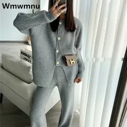 Elegant Knitwears Pants Ensembles Soft Sweater Cardigan Tops Suit Knit Wide Leg Pantalones Conjunto Casual Knitted Two Piece Set