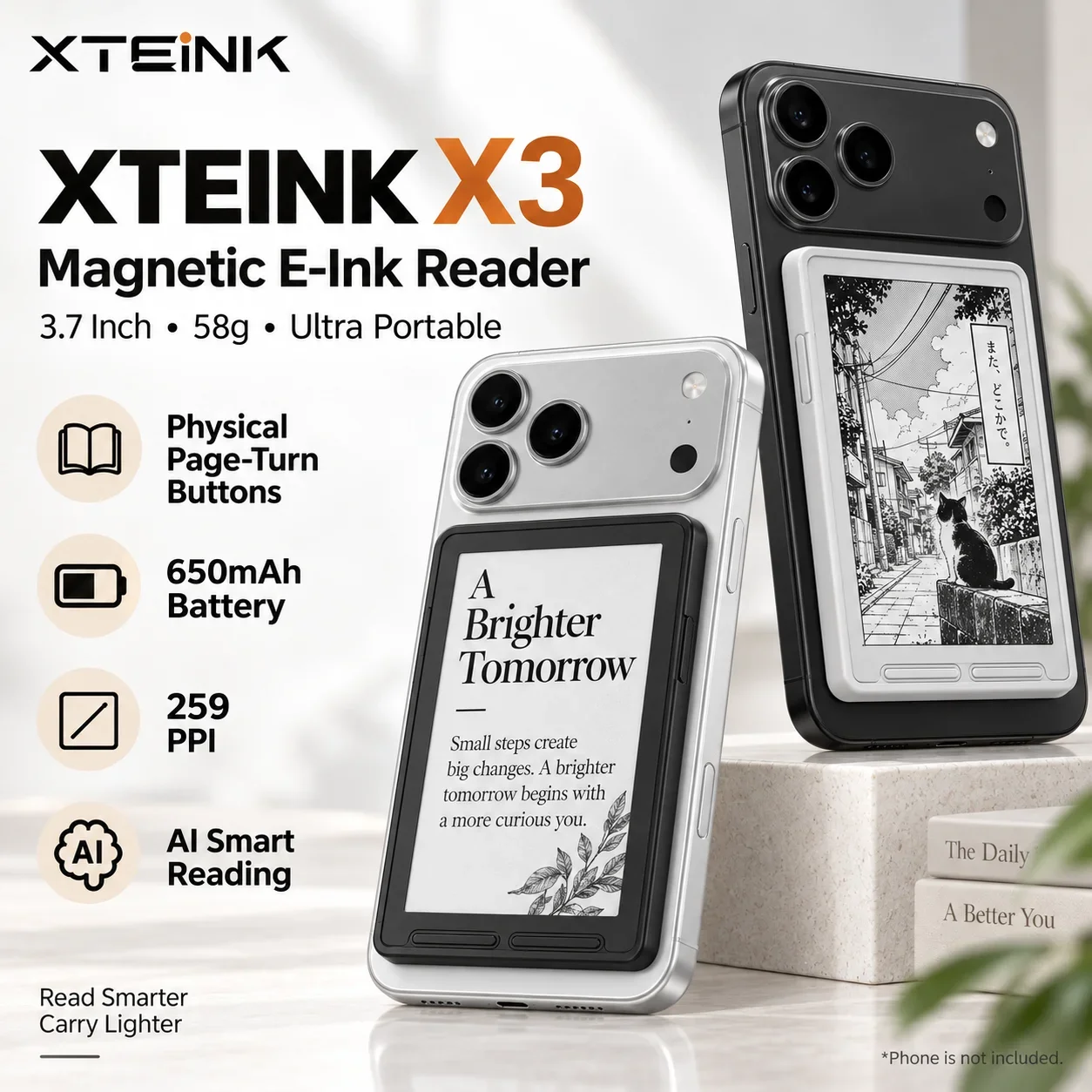 XTEINK X3 Magnetic Pocket Ereader 3.7 Inch E Ink Panel Eye Care Low Blue Light No Flicker Portable Ebook Reader for Daily Travel