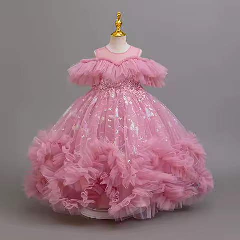 New Chinese Grandma's Christmas Dress, Shoulder Tulle Long Marling Birthday Dance Evening Dress 4-12-year-old girl dress