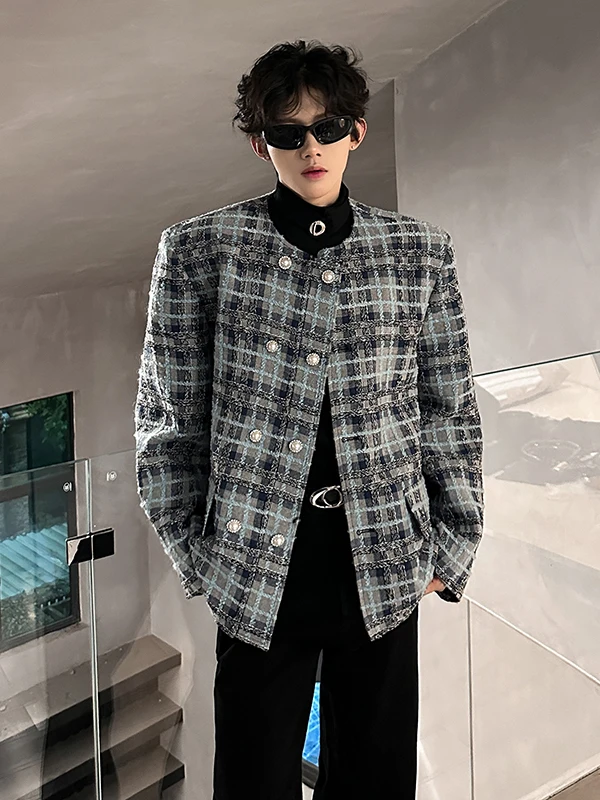 

Autumn Winter Thiened Plaid Men's Jaet Double Breasted Woolen Coat Luxury Sle Korean Design Teenage Faion Long Sve