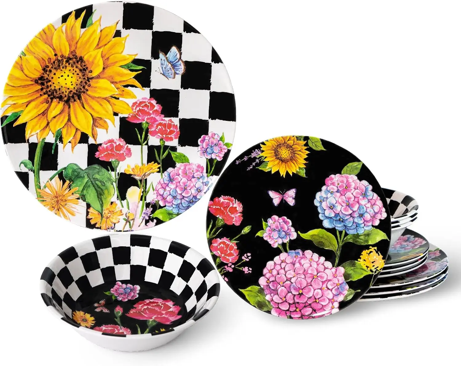 

Sunflower 12-Piece Melamine Dinnerware Set Include Plates/Dishes and Bowls, Service for 4, BPA Free and Unbreakable Blac