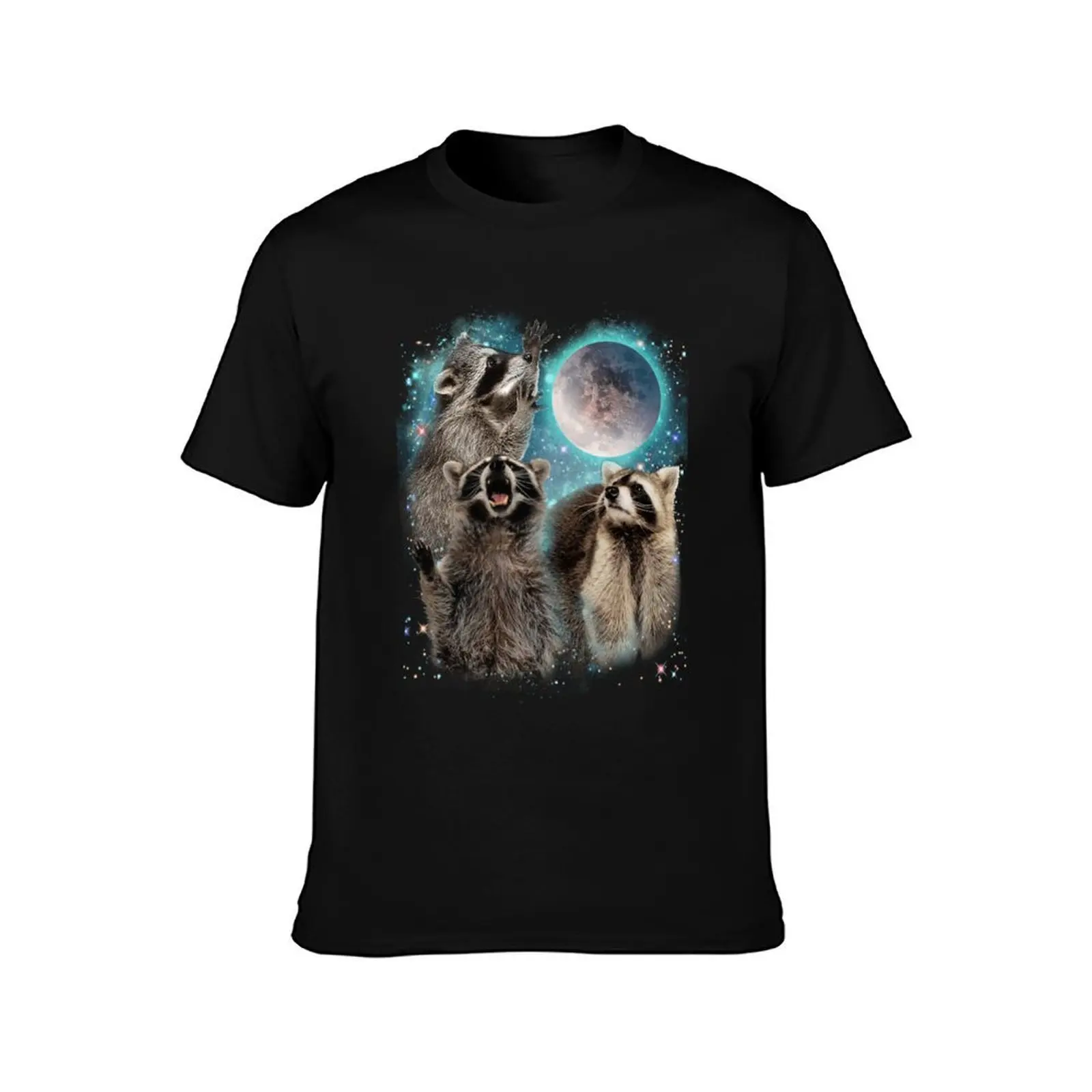 3 Racoon Moon Howling Raccoon Head Funny T-Shirt, Summer Casual Cotton Tee, Oversized Streetwear Tops, Vintage Graphic Print