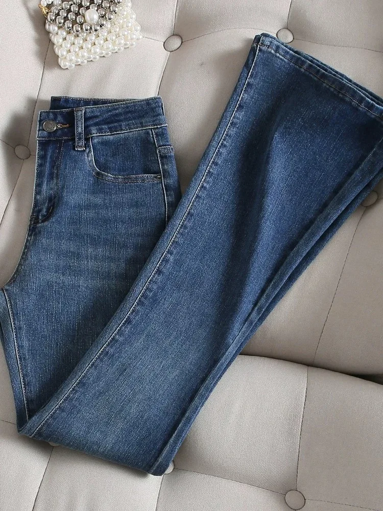 Deep Blue High Waist Bell Bottom Denim Jeans Women's Spring Autumn New Style Small Size Spicy Girl Slimming Floor Length Hors...