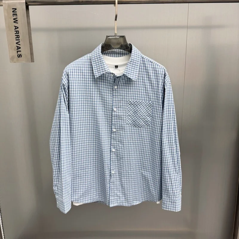 

Оригинальный дизайн, мужская рубашка свободного кроя с длинными рукавами, сине-белая клетчатая модная повседневная рубашка, сезонная одежда на весну и осень