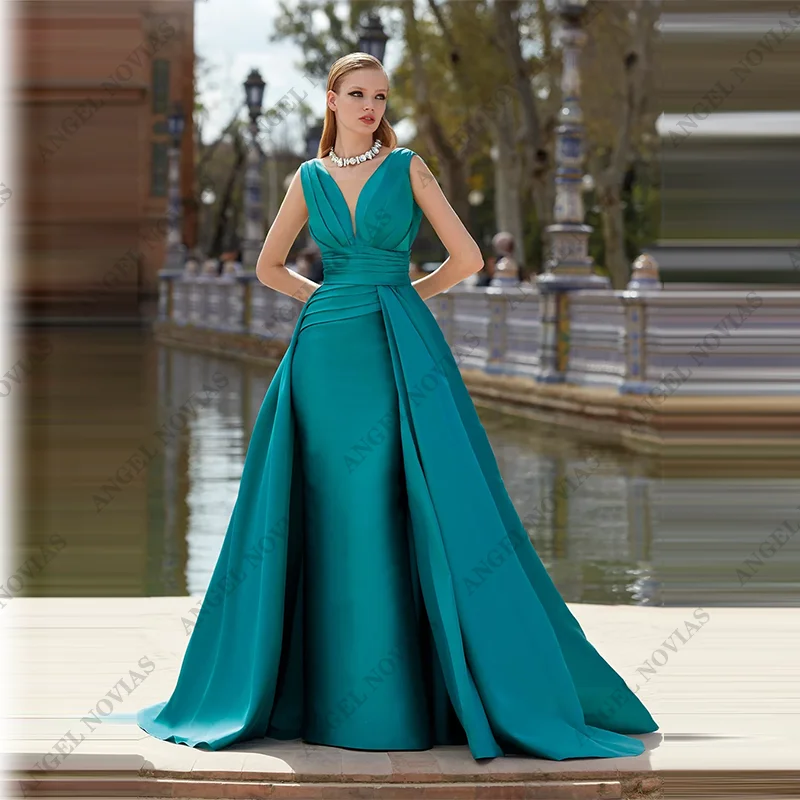 

Long Green Satin Mother of the Bride Dresses with Skirt Wedding Evening Party Gowns vestidos de fiesta elegantes 2024 para boda