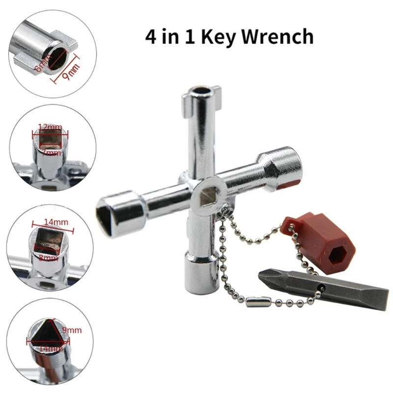 4-Way Multi-Functional Utilities Key Triangle Square Universal Cross Triangle Key Wrench for Faucet Electrical Cabinet