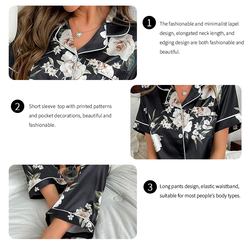 Satin Pajamas for Women Home Clothes Sleepwear Pj Set Autumn Short Sleeve Button Up Top with Lapel Collar & Pants Pyjama Femme