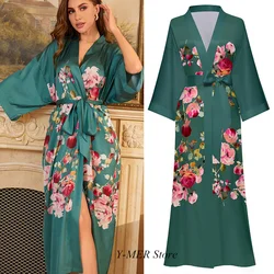 Silk Rayon Kimono Gown 2024 New Spring Robe Women Elegant Bathrobe Extended Version Sleepwear Lady Party Loungewear Nightgown