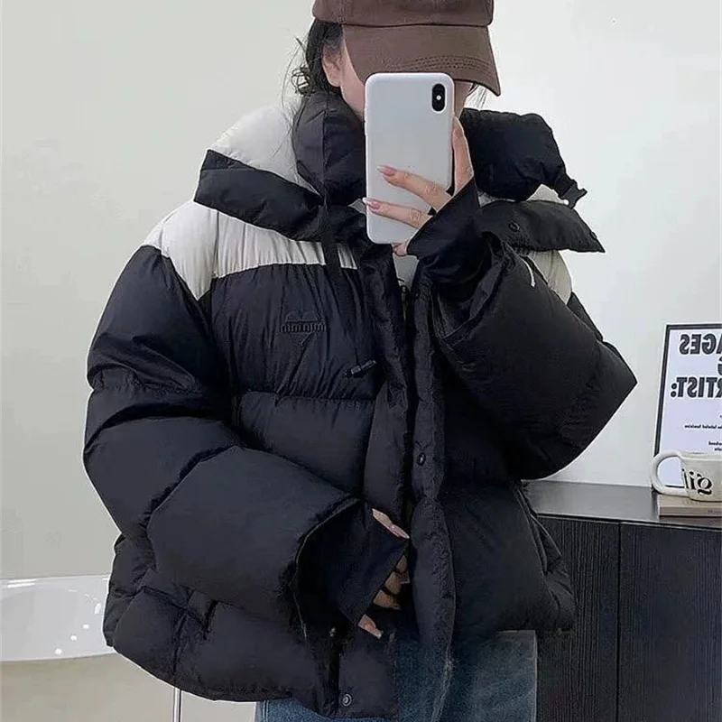 Color Collision Puffer Coats Short Jackets for Women Love Pattern Bread Clothing Stand-up Collar Outerwear Thick Down Jackets