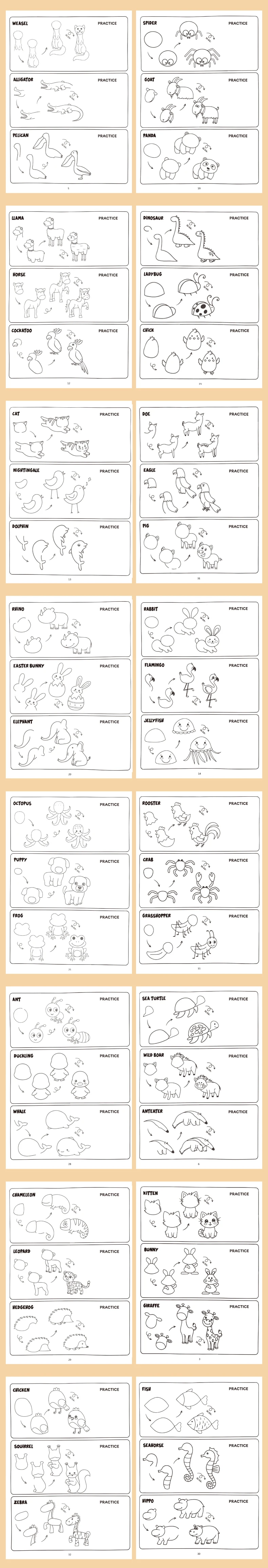 Interaktives Aktivitätsbuch mit 96 Tiermotiven zum Zeichnen von Tieren. Vier einfache Schritte zum Kompletten von Zeichnungs- und Malspielzeugbuch – Detail 1