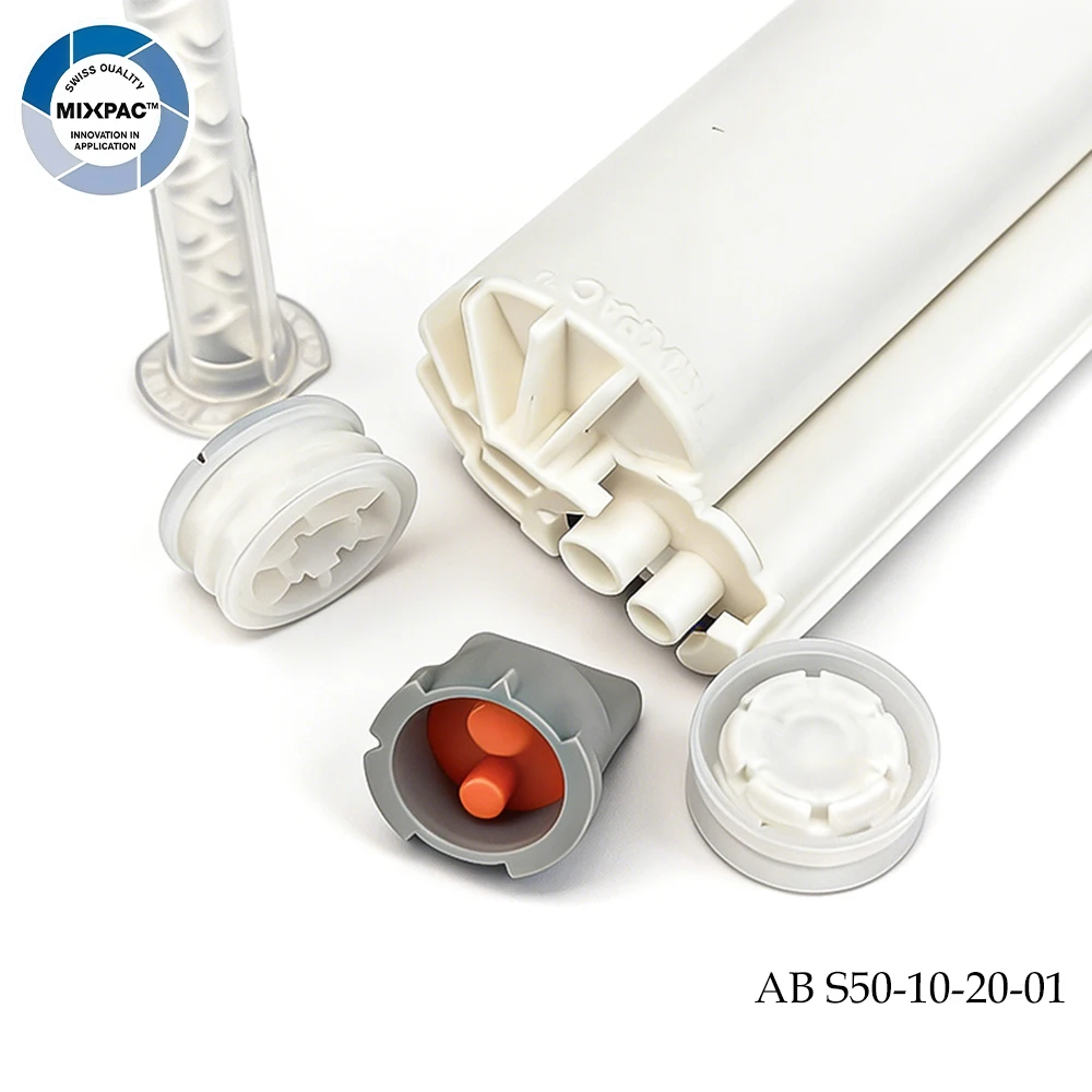 

50ML 10:1 Sulzer Mixpac Dental White PBT Plastic Empty Dual Caulking Two Components Syringe Barrels ab Glue Mixing Dispenser