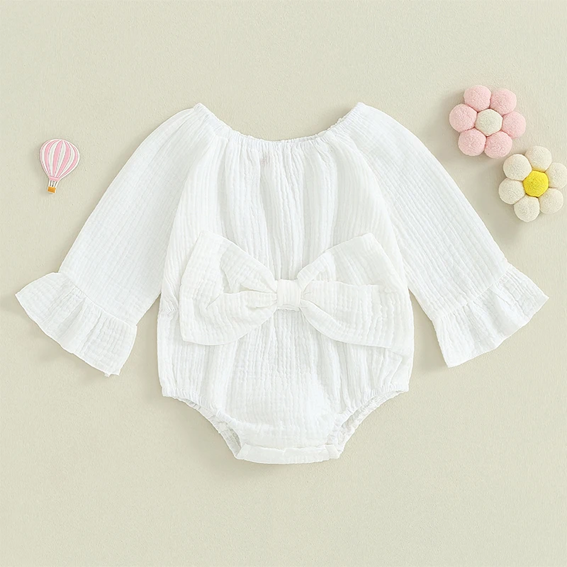 

Baby Girls Romper, Long Sleeve Off-shoulder Bow Solid Bodysuit Clothes for Casual Daily