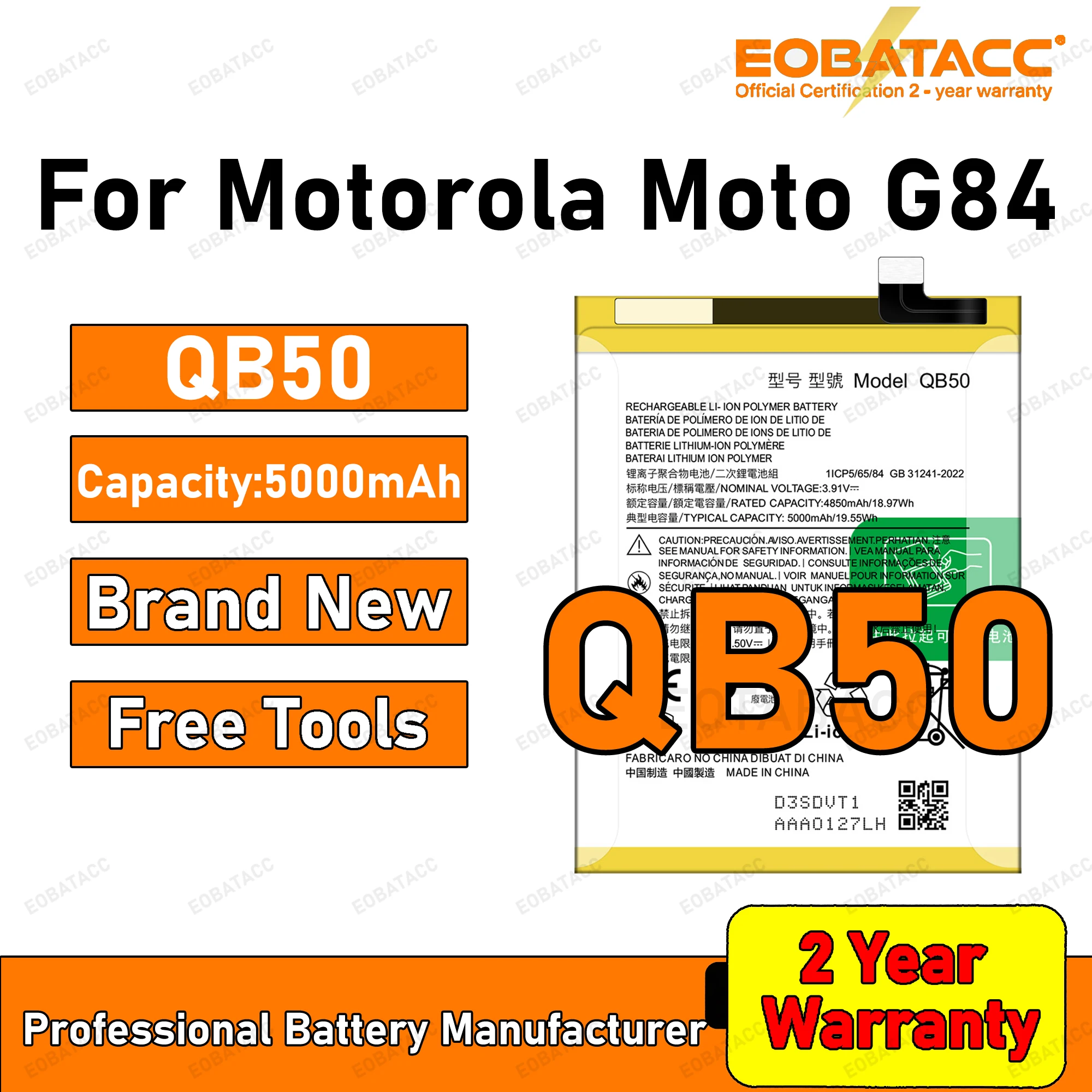 

100% New High Quanlity QB50 5000mAh Battery For Motorola MOTO G84 5G XT2347 XT2347-2 Mobile phone Batteries+Tools