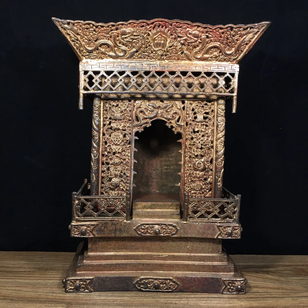 

16"Tibetan Temple Collection Old Bronze Cinnabar Mud gold Buddhist altar Buddhist Nich placement Worship Hall Town house
