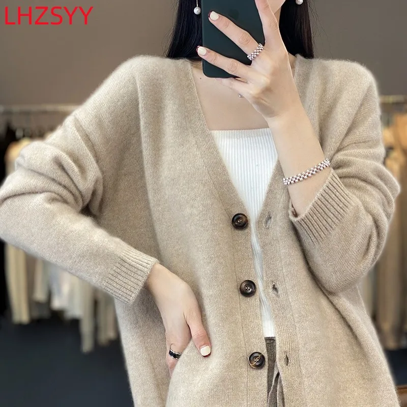 LHZSYY Women\'s New 100% Pure Wool Cardigan Autumn Long-Sleeved Coat V-neck Female Jacket Thick Sweaters Large size Knit Shirts