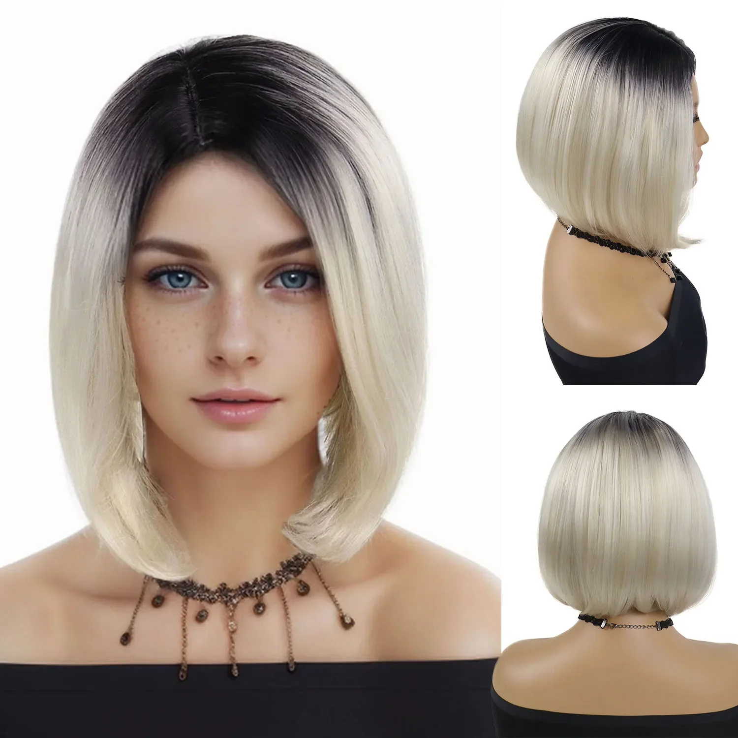 Synthetic Platinum Blonde Bob Wig Female Ombre Color Short Bobs Haircuts Mommy Wig Side Bangs Natural Straight Wigs for Mother