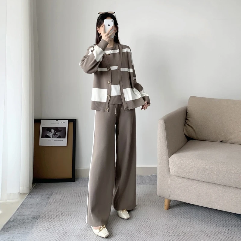 Autumn Winter Streetwear Three Piece Set Women Korean O-neck Sleeveless Vest+cardigan Coats+wide Leg Pants Stripes Knitted Sets