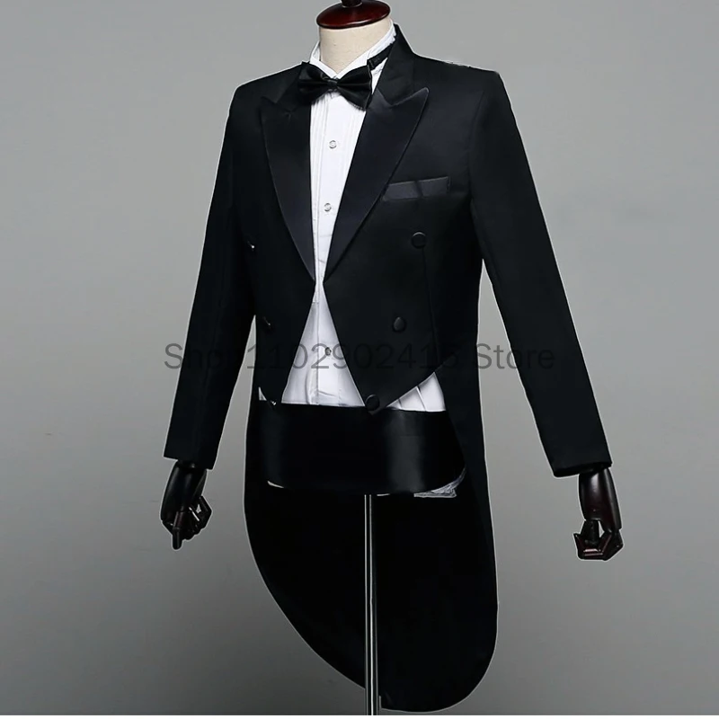 Men\'s Classic Black Shiny Lapel Tail Coat Tuxedo Wedding Groom Stage Singer 2-Piece Suits Dress Coat Tails Party Show Tailcoats