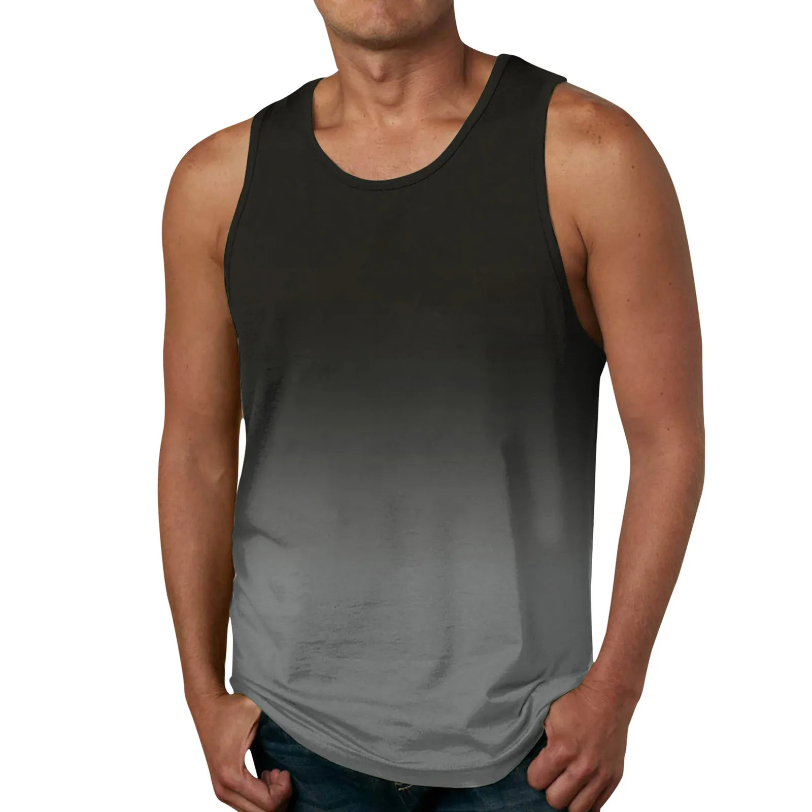 Mens Gradient Print Vest O-Neck Sleeveless Loos Elastic Elegant Singlet Clothes Summer Streetwear Sports Stretch Tops Garment