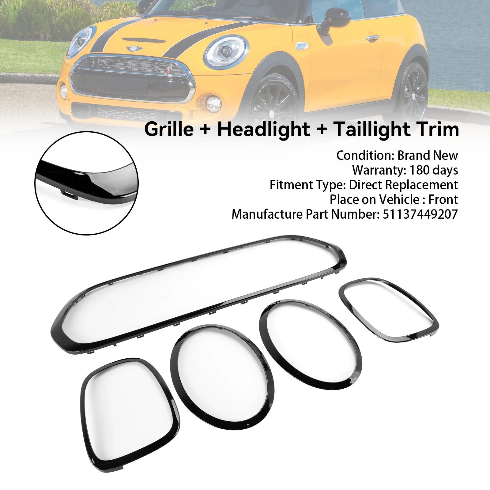 Black Grill + Headlight + Taillight Trim Fit For Mini Cooper F55 F56 F57 2014-2021