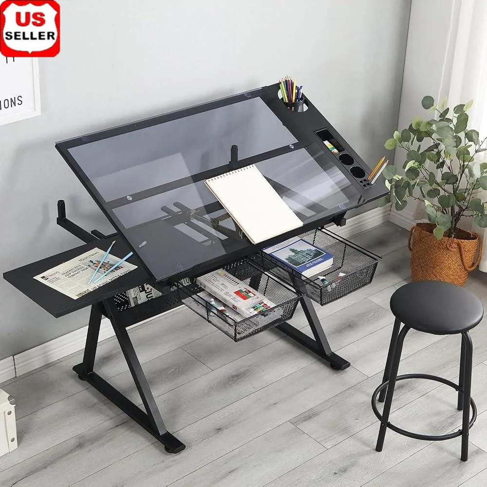 Adjustable Drafting Table Tempered Glass Desk with Storage Trenches Height Adjustable Drawing Crafting Desk Home Office Studio